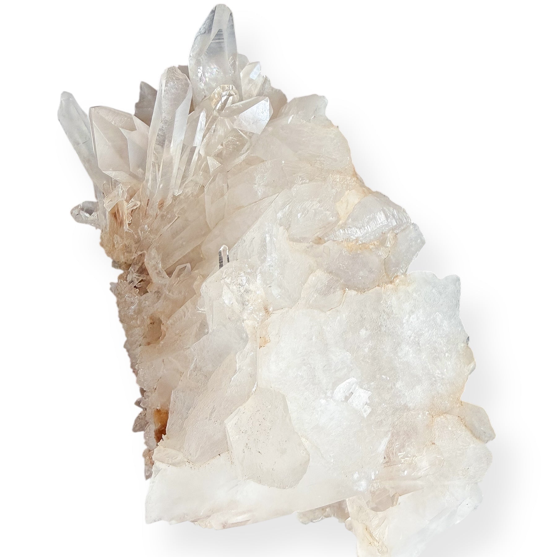 Large Quartz Crystal Cluster in Matrix with tall clear points on white background