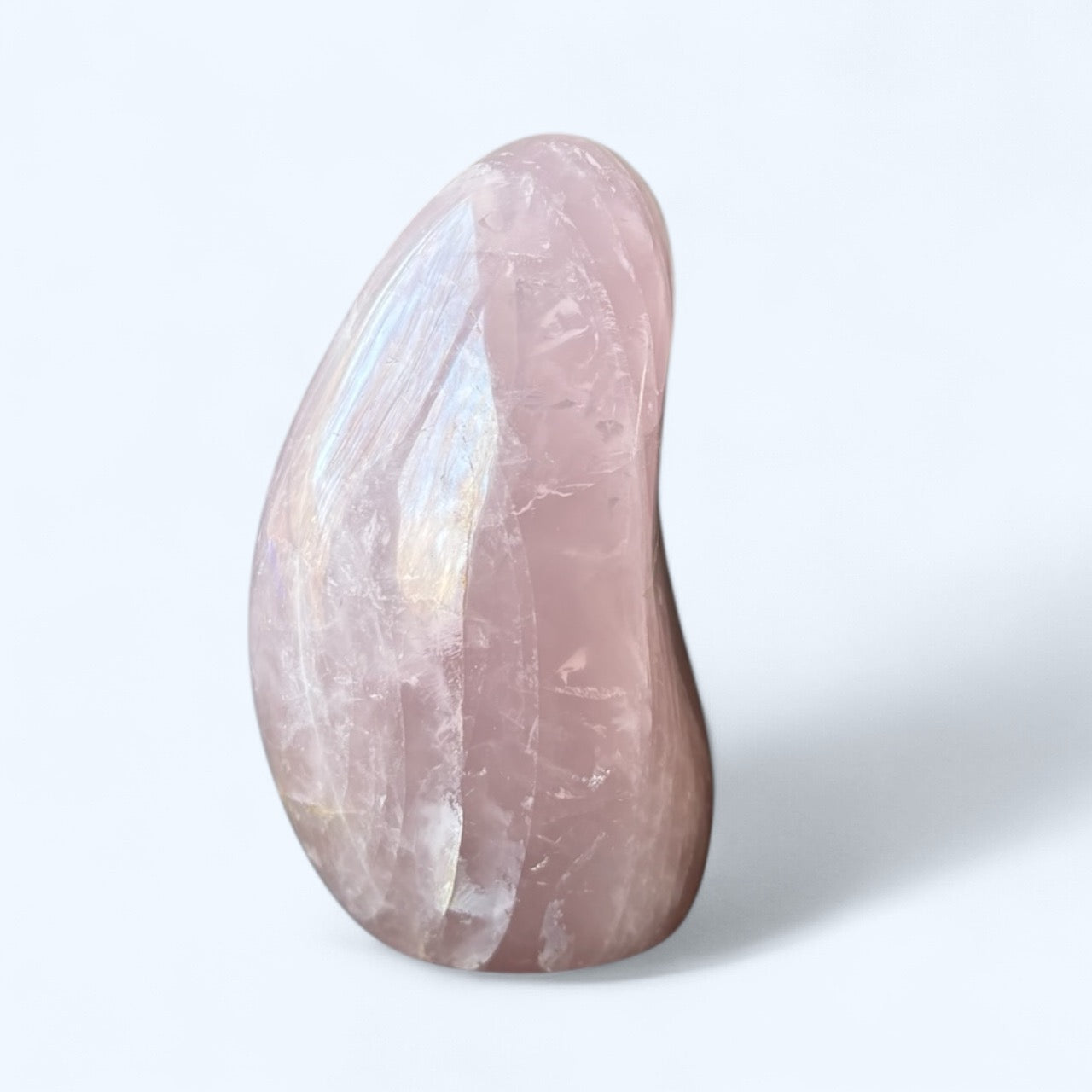 Lavender Rose Quartz free form crystal with soft pink and purple tones – front view