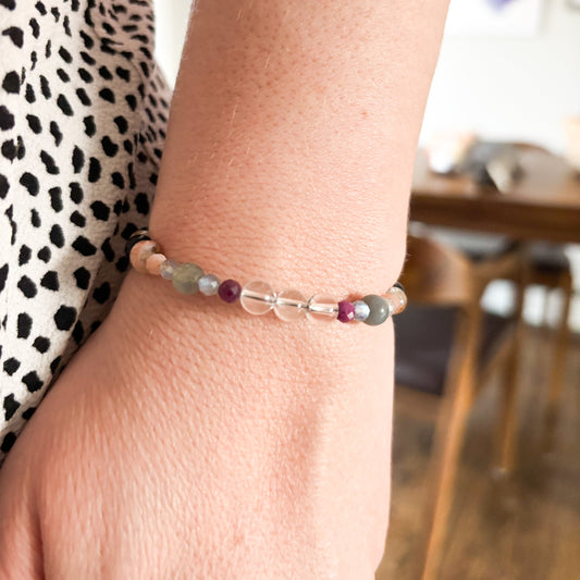 Leo Crystal Charm Bracelet with a white charm worn on wrist, highlighting its adjustable and comfortable fit.