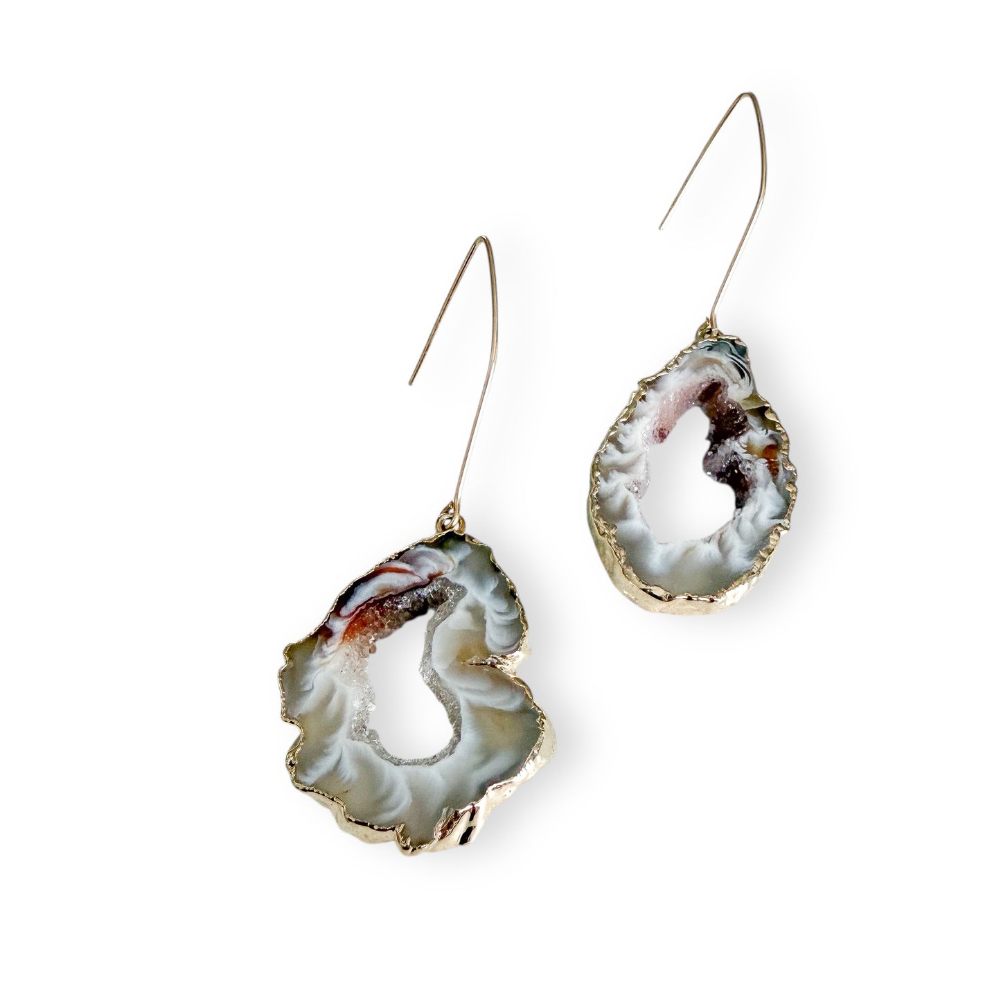 Light agate slice geode earrings with gold filled ear wires, natural crystal slice earrings with soft neutral tones