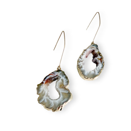 Light agate slice geode earrings with gold filled ear wires, natural crystal slice earrings with soft neutral tones