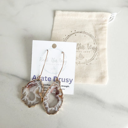 Light agate slice geode earrings packaged for gifting in Rock This Way Crystal Shop jewelry packaging