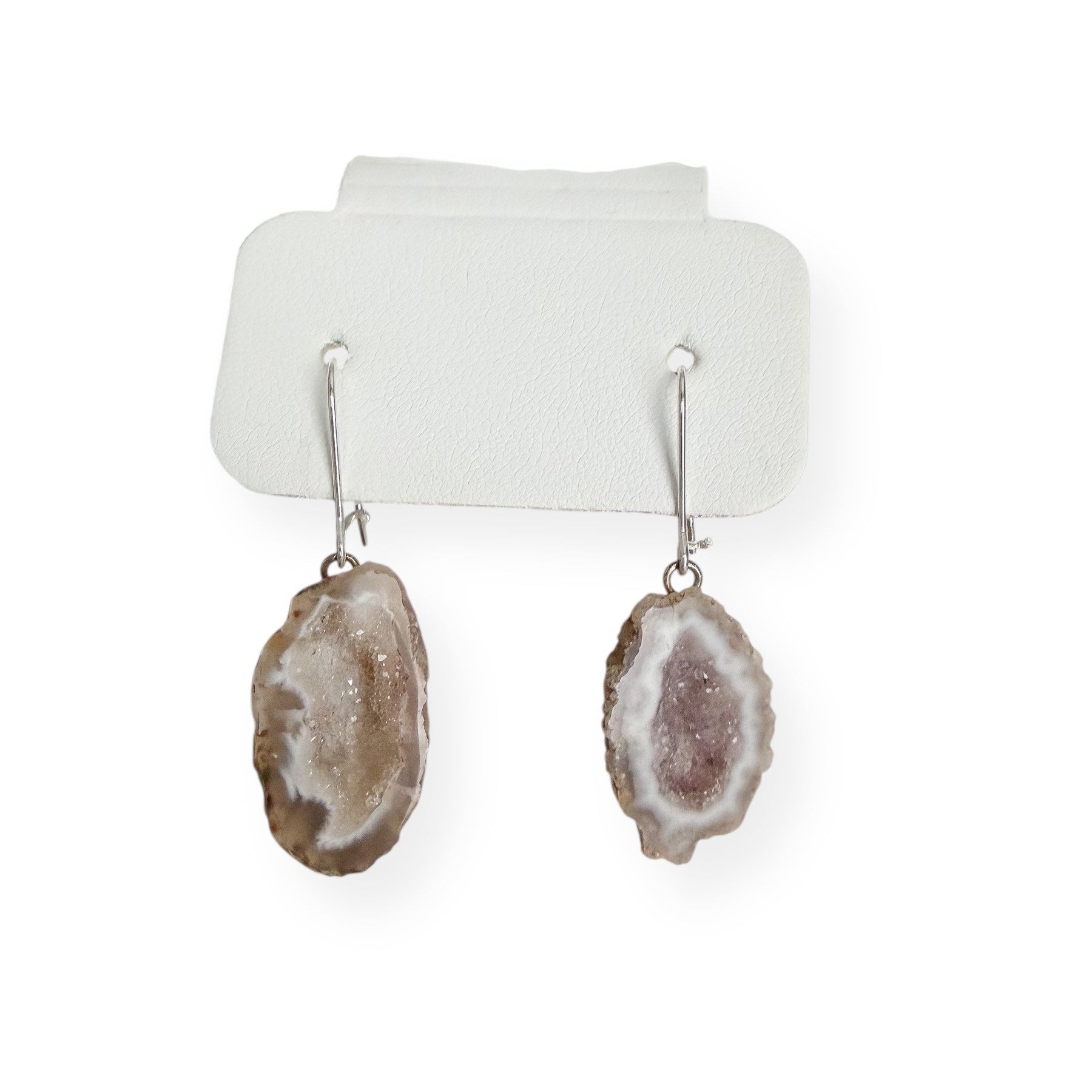 Close-up of light geode earrings showing natural crystal texture and sterling silver kidney earring wires