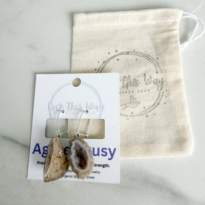 Light geode earrings packaged on Rock This Way Crystal Shop jewelry card