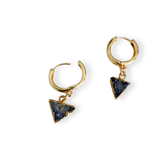 Light triangle drusy huggie earrings with gold filled hoops and natural pale drusy crystal charms on a white background
