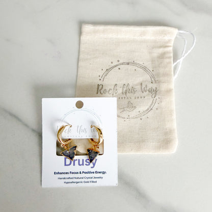 Light triangle drusy huggie earrings displayed on Rock This Way Crystal Shop packaging, ready for gifting