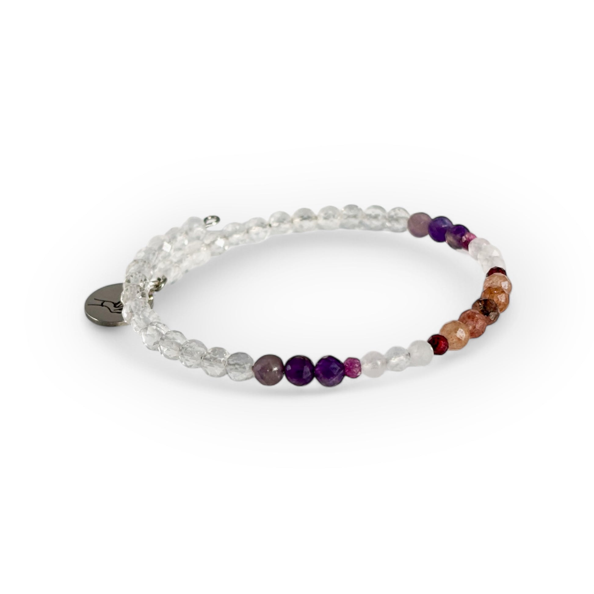 Side angle of Love Wrap Bracelet with faceted beads and stainless steel band