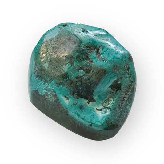 Polished Malacolla stone showing swirling green and turquoise patterns