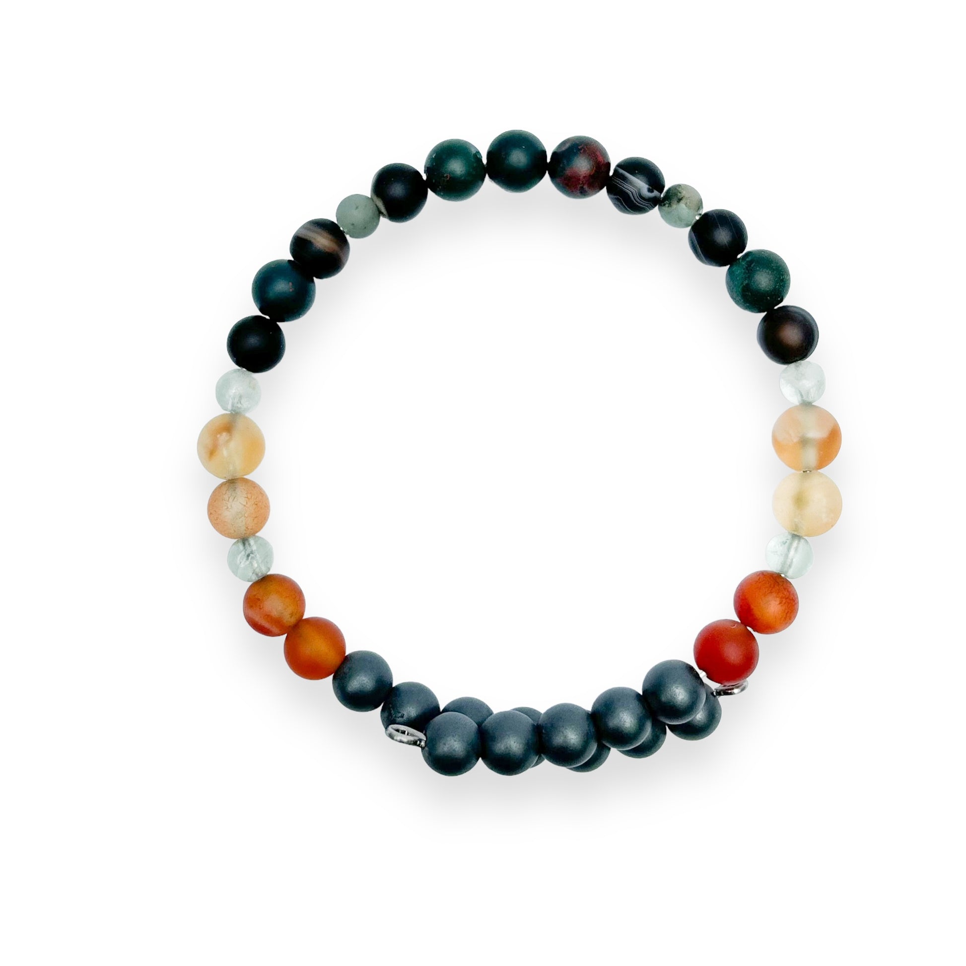 Men’s Confidence Bracelet with 6mm crystal beads in green, burgundy, amber, and black on stainless steel band