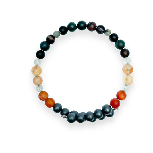 Men’s Confidence Bracelet with 6mm crystal beads in green, burgundy, amber, and black on stainless steel band
