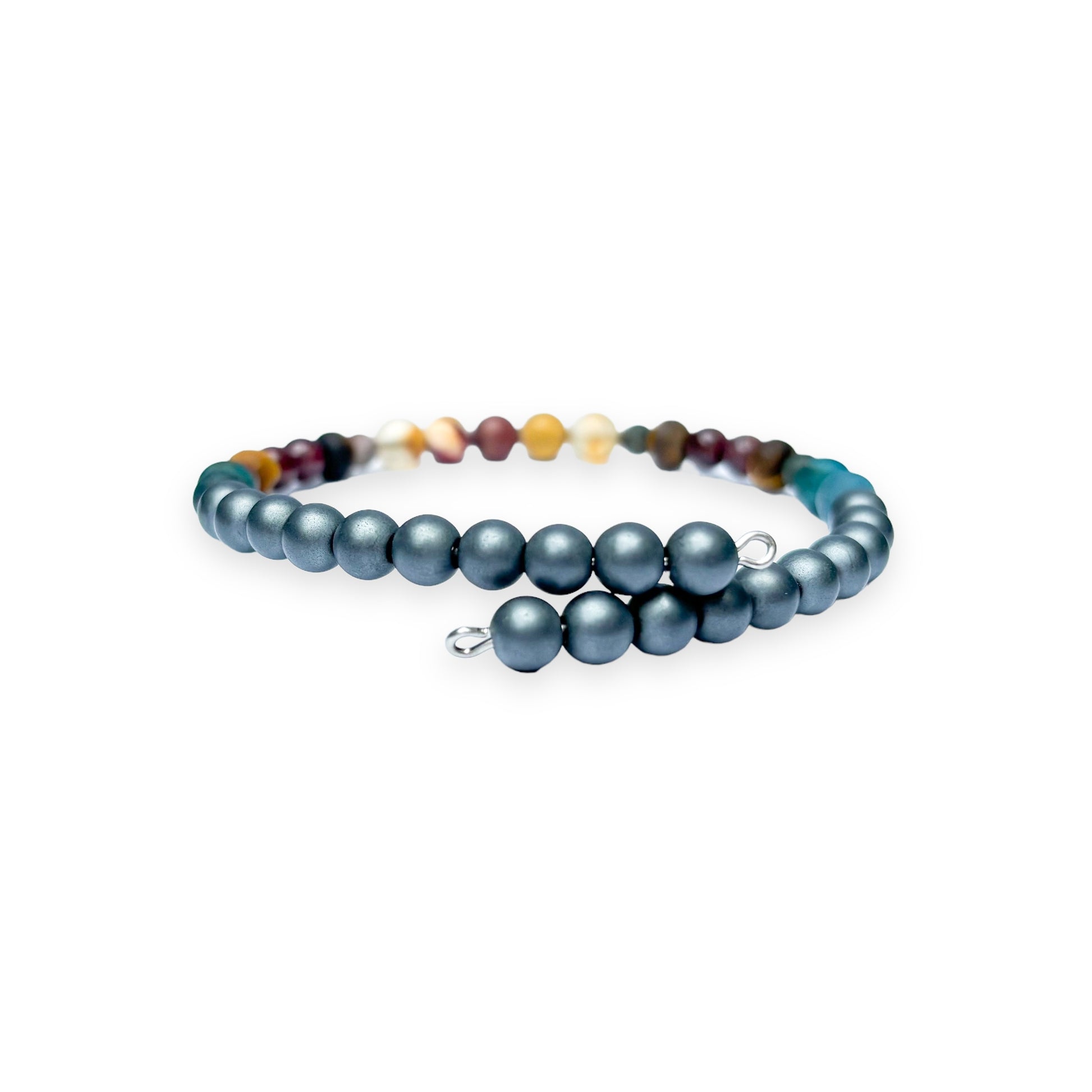 Close-up of unisex motivation bracelet with Mookaite, Apatite, Tiger’s Eye, and Citrine