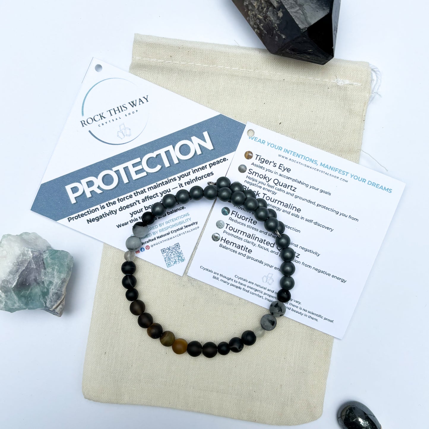 Men’s Protection Bracelet with intention card and pouch, styled with crystal accents