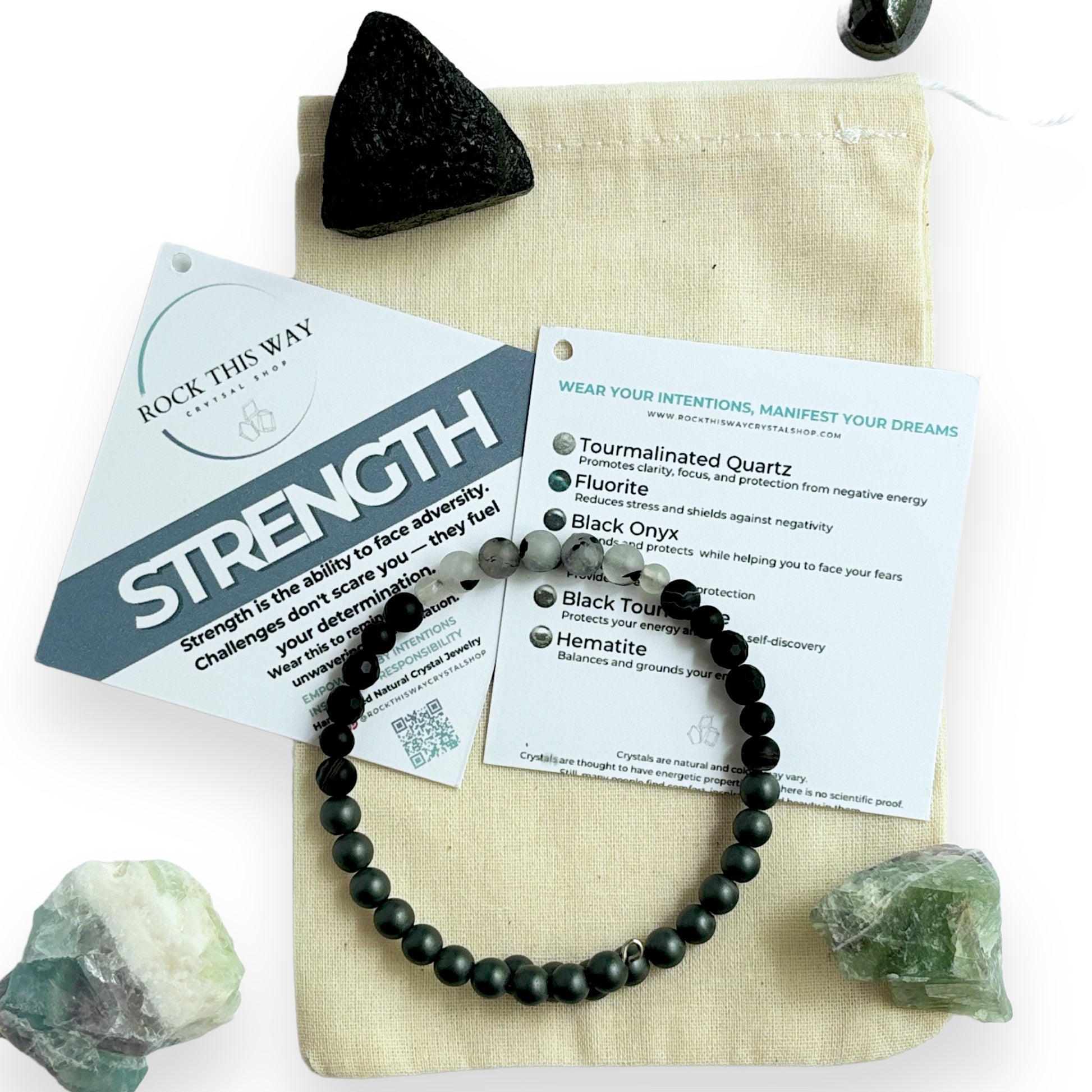 Men’s Strength Bracelet with meaning card, gift pouch, and natural crystals