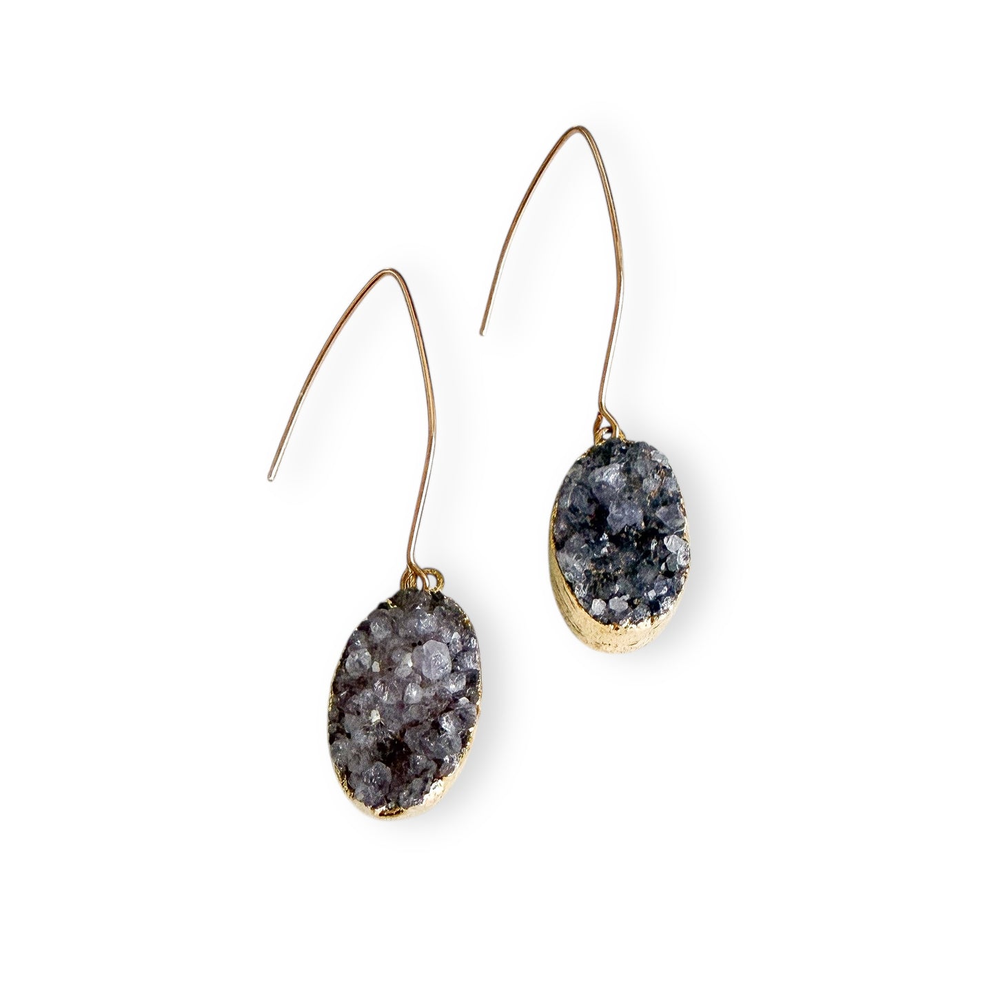 Oval drusy earrings featuring natural smoky gray drusy crystals with gold filled ear wires on white background