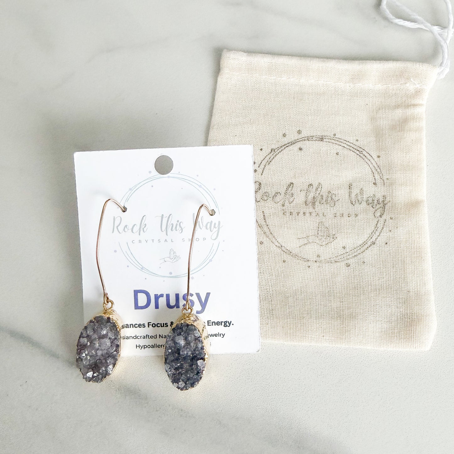 Oval smoky gray drusy earrings packaged on display card, gold filled crystal earrings ready for gifting