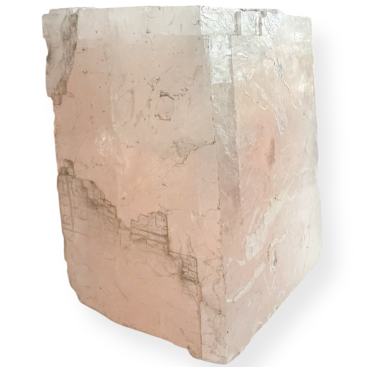 Extra large pink Icelandic Calcite crystal standing upright with soft peach-pink tones and natural texture.