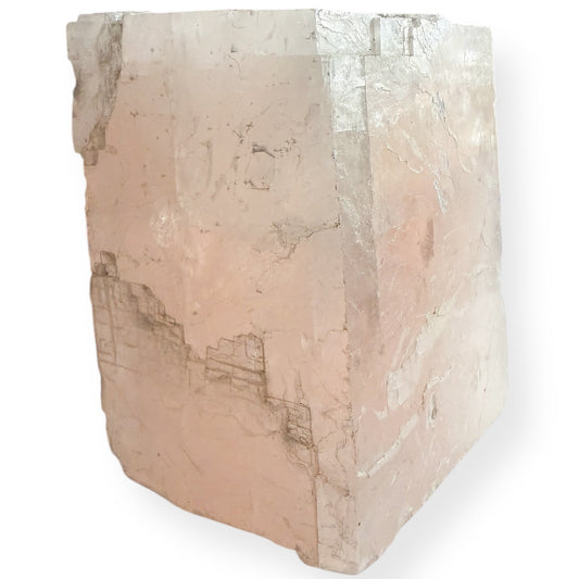 Extra large pink Icelandic Calcite crystal standing upright with soft peach-pink tones and natural texture.