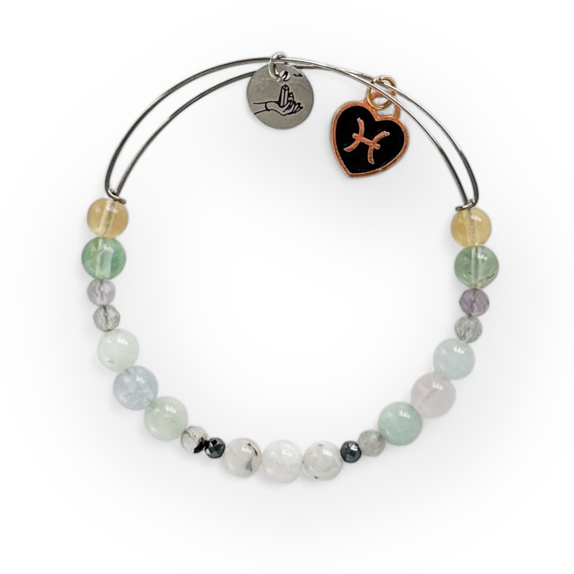Pisces Crystal Charm Bracelet with a black charm, featuring Moonstone, Hematite, Labradorite, Aquamarine, Rose Quartz, Amethyst, and Fluorite for protection and emotional clarity.