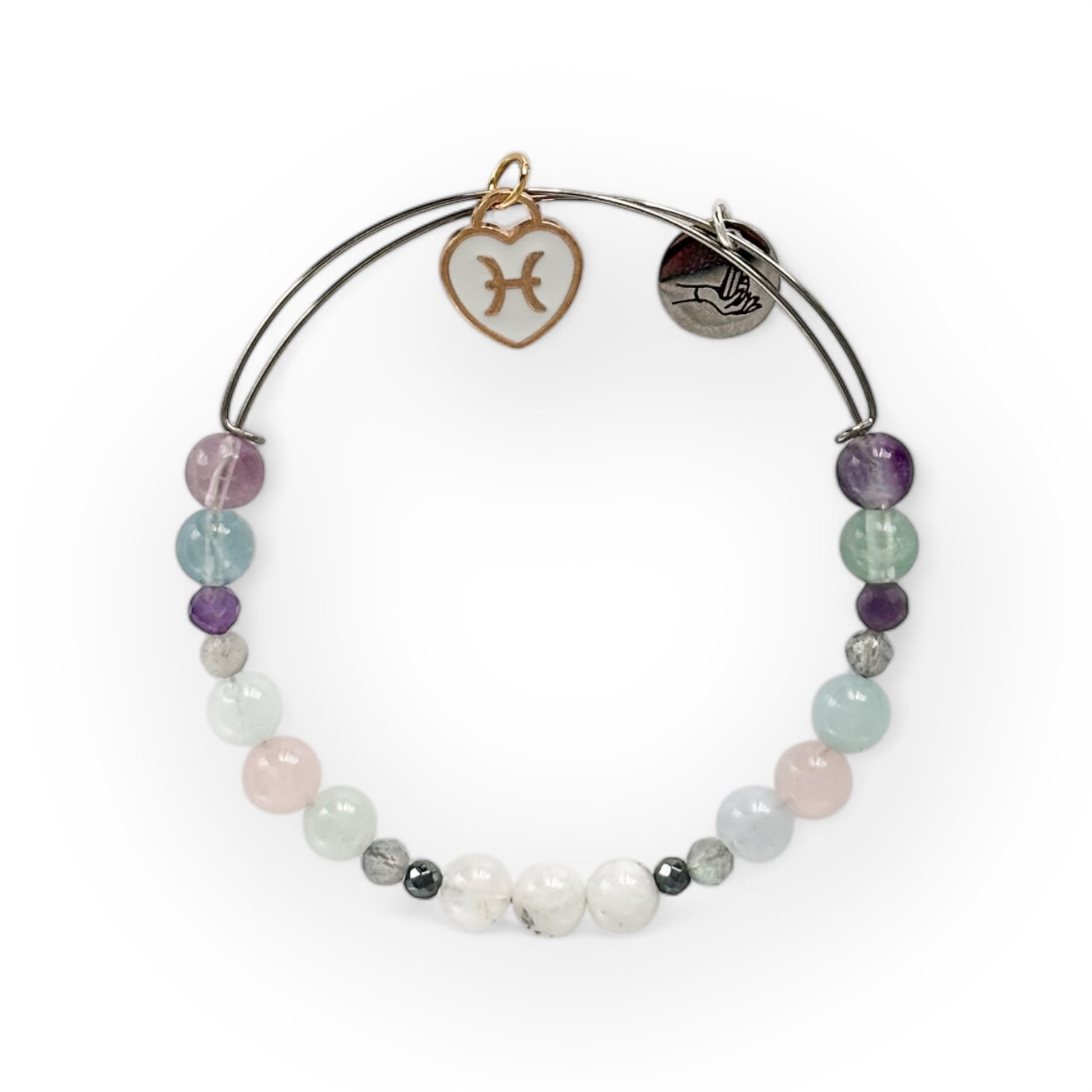 Pisces Crystal Charm Bracelet with a white charm, handcrafted with Moonstone, Hematite, Labradorite, Aquamarine, Rose Quartz, Amethyst, and Fluorite for intuition and emotional balance.