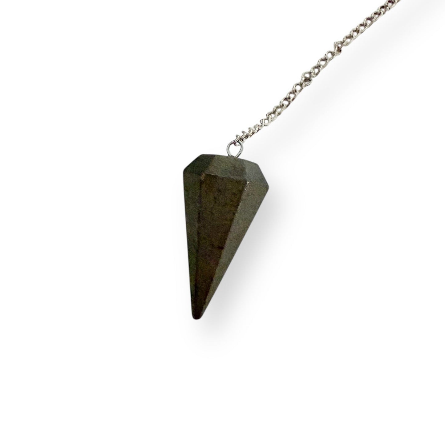 Close-up of natural pyrite pendulum showing raw metallic gold texture and faceted shape