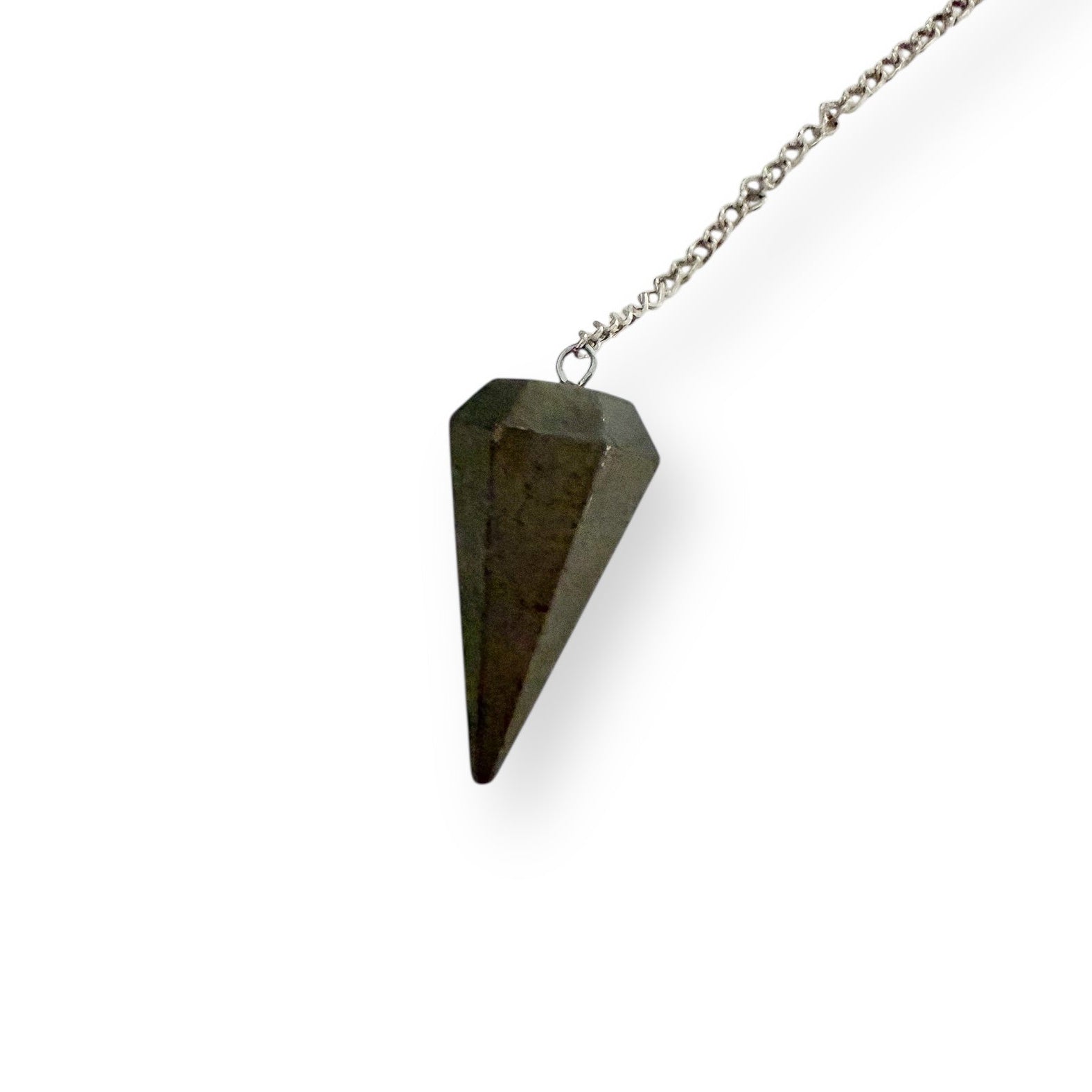 Close-up of natural pyrite pendulum showing raw metallic gold texture and faceted shape