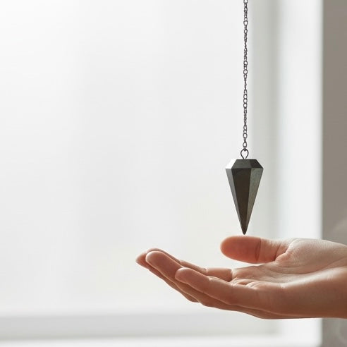 Pyrite pendulum hanging from silver chain, crystal tool for focus, confidence, and protection