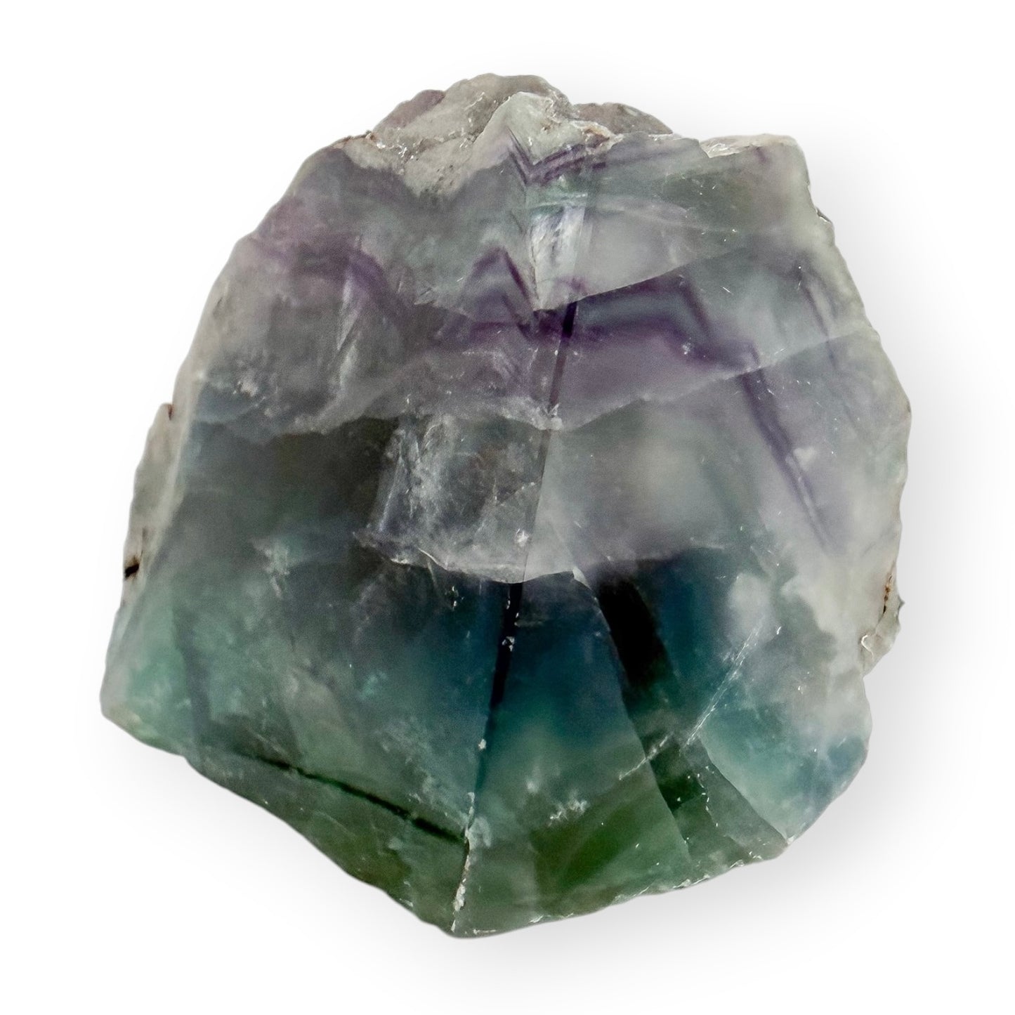 Angled view of a Rainbow Fluorite display specimen featuring geometric crystal structure and colorful fluorite zoning.