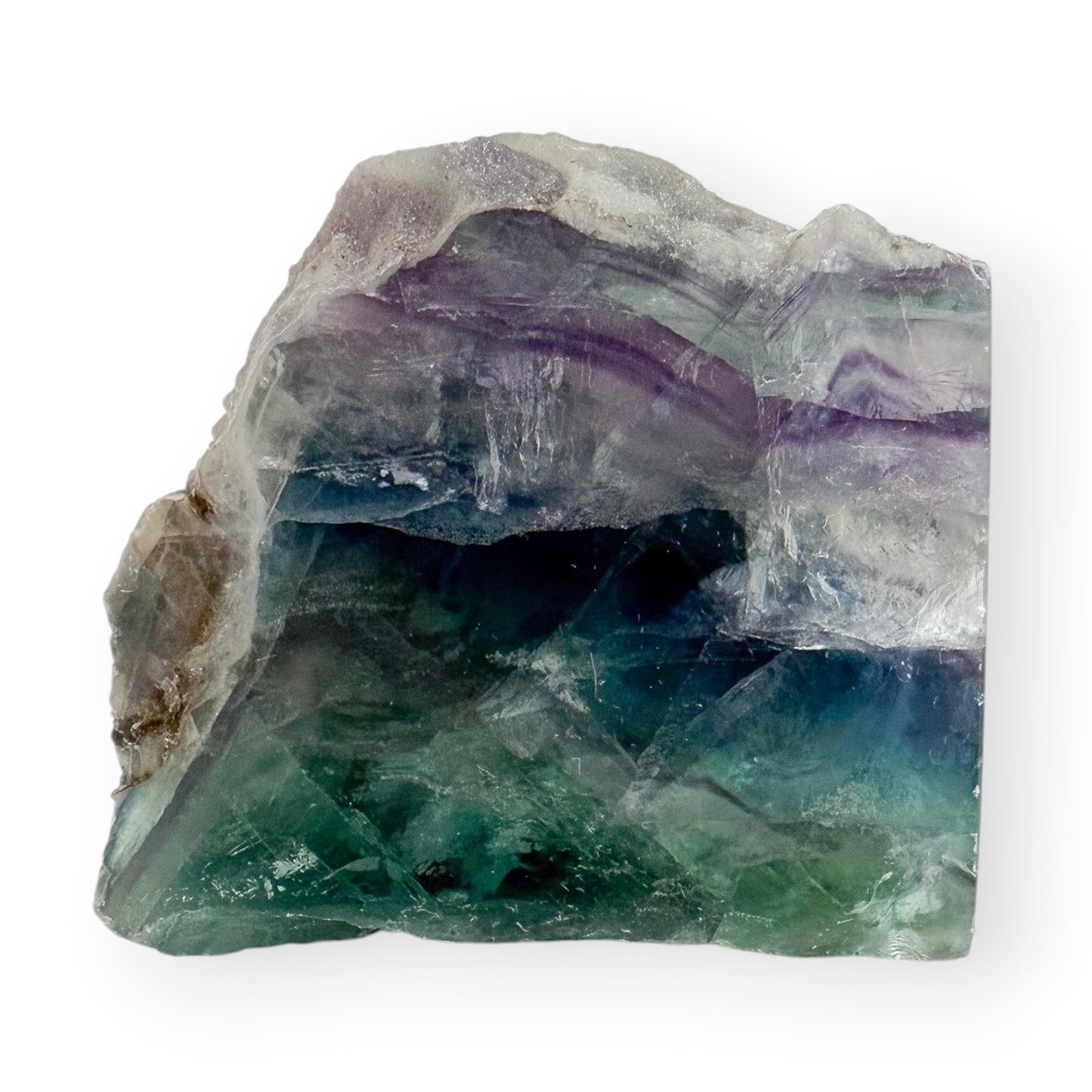Rainbow Fluorite freeform with polished front face displaying purple, green, and blue banding and natural crystal formations.