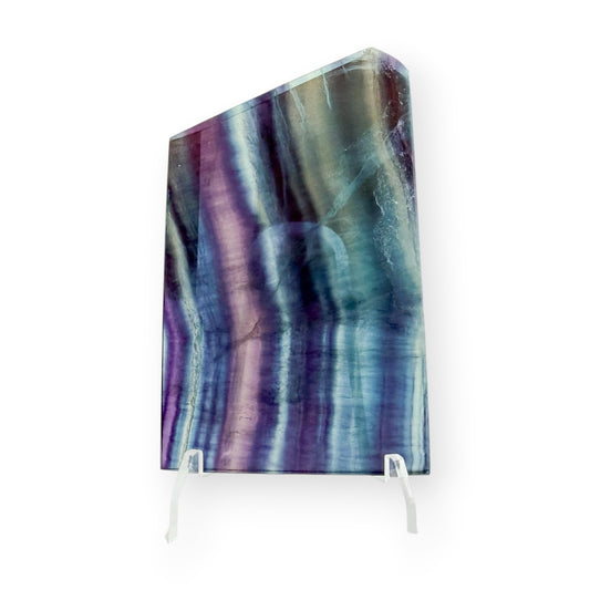 Polished Rainbow Fluorite display slab featuring striking purple and blue layered bands.