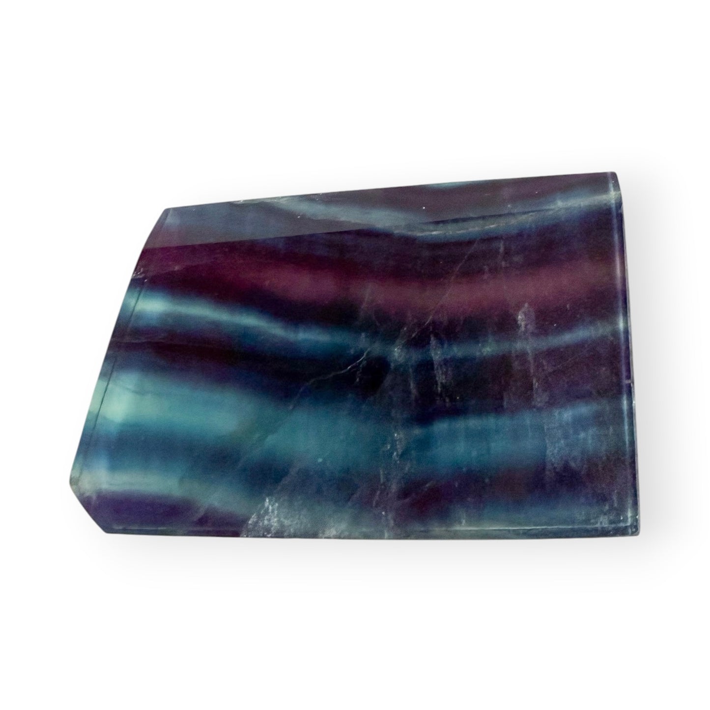 Rainbow Fluorite slab with natural purple, blue, teal, and aqua banding polished to a glossy finish.