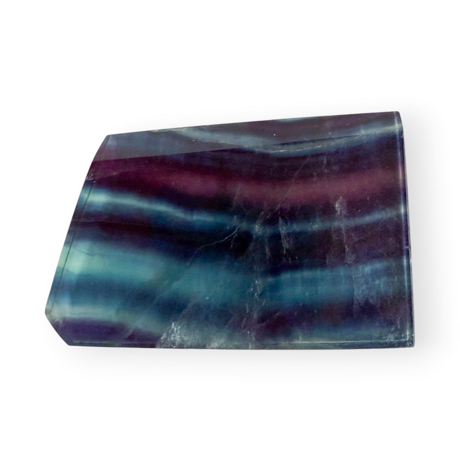Rainbow Fluorite slab with natural purple, blue, teal, and aqua banding polished to a glossy finish.