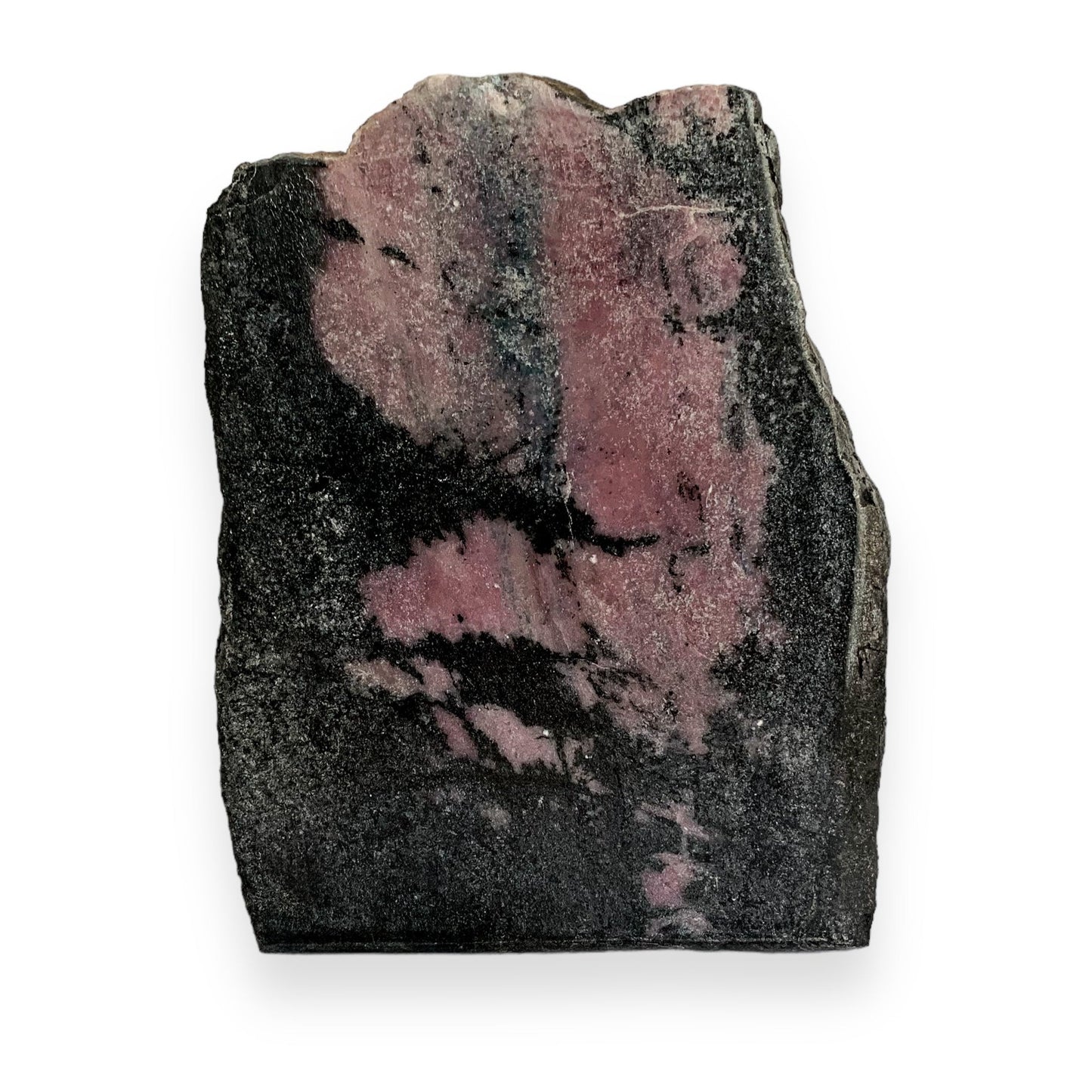 Front view of Rhodonite Free Form with polished pink and black surface