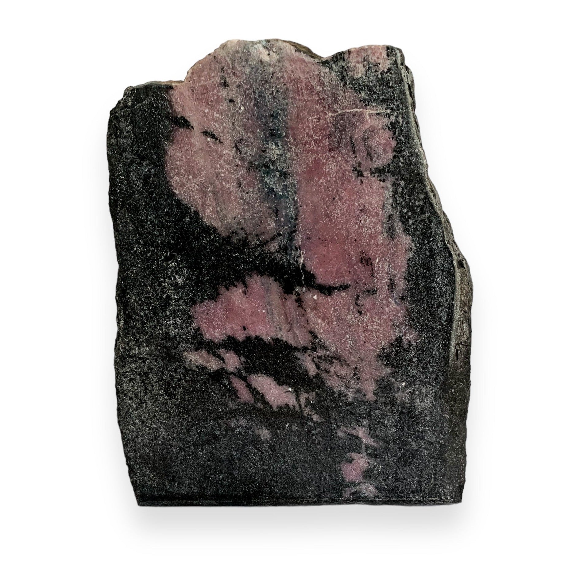 Front view of Rhodonite Free Form with polished pink and black surface