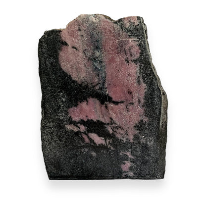 Front view of Rhodonite Free Form with polished pink and black surface