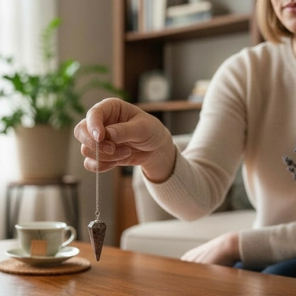 Rhodonite crystal pendulum used for intuitive guidance and emotional balance at a table setting