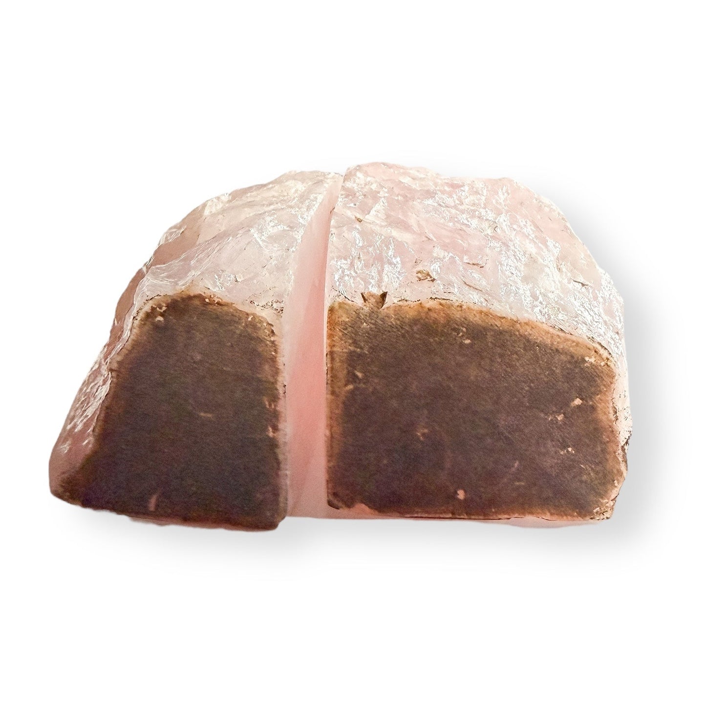 Felt bottom on Rose Quartz bookends to prevent shelf scratching.