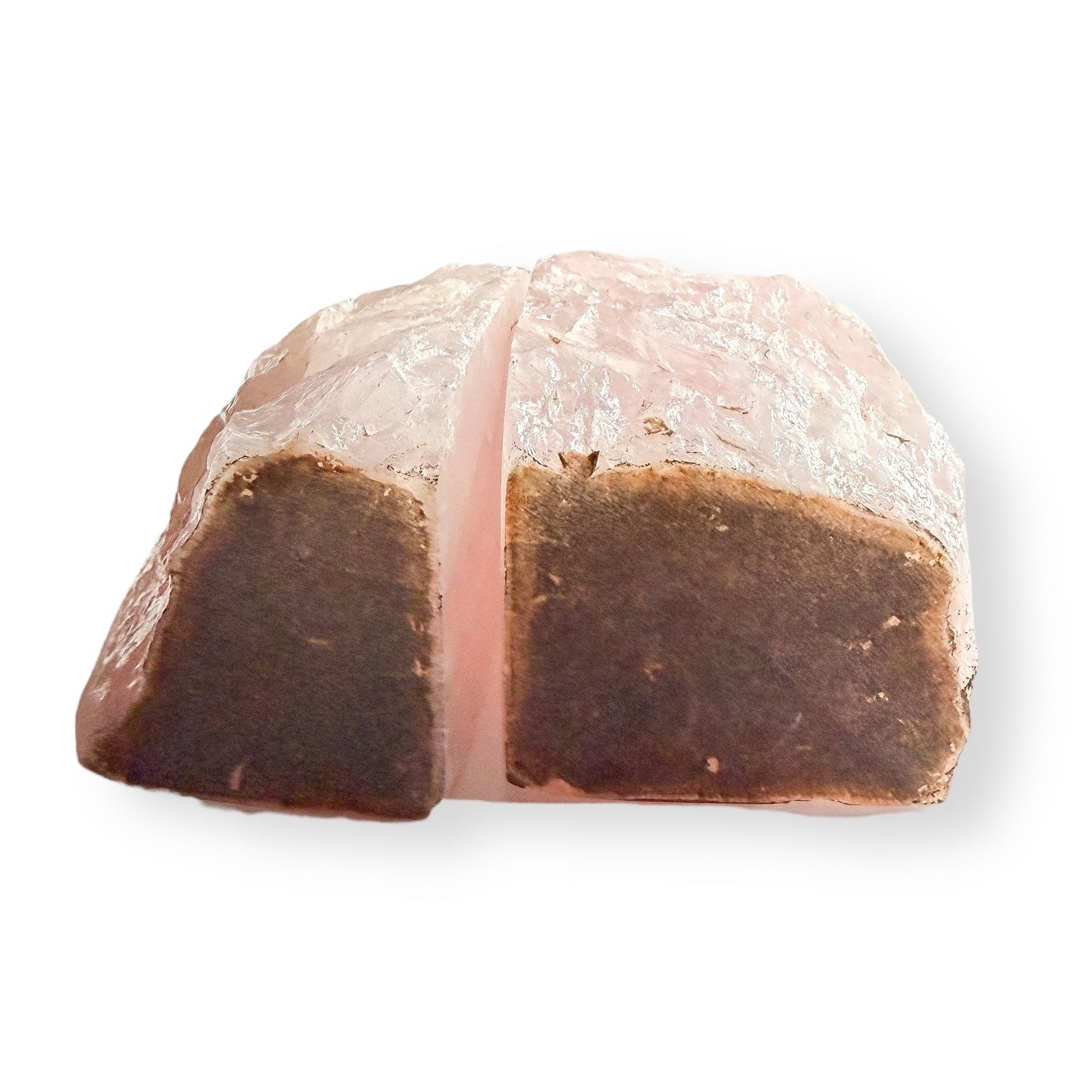 Felt bottom on Rose Quartz bookends to prevent shelf scratching.