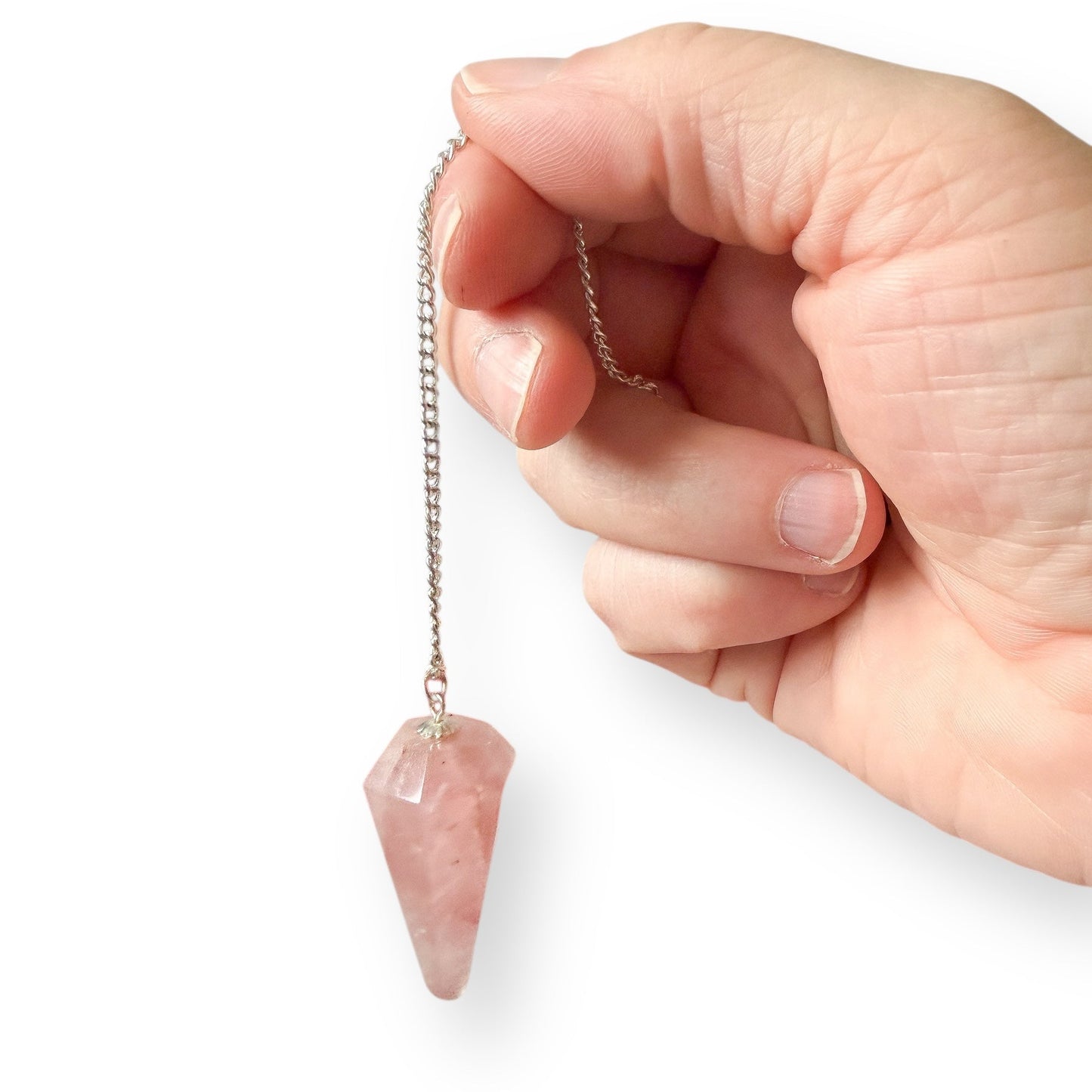 Rose Quartz crystal pendulum used for metaphysical practices and divination