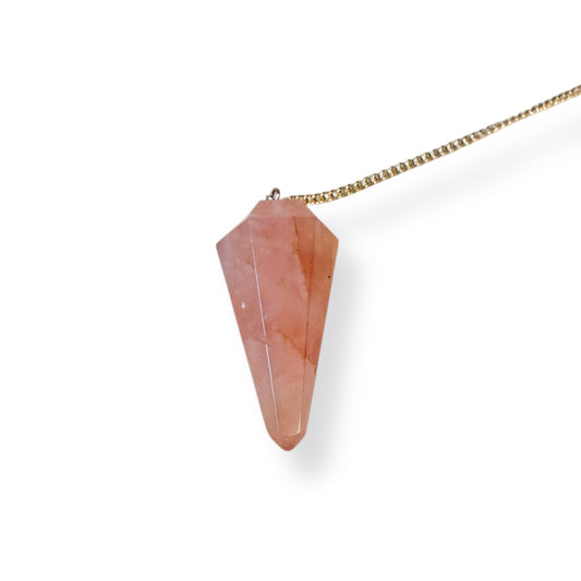 Rose Quartz pendulum shown as a spiritual tool for intuition, love, and energy work