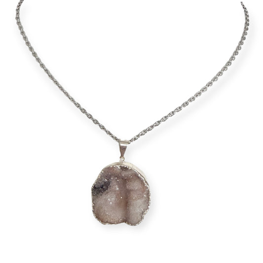 Round drusy silver plated pendant necklace with natural crystal on an 18.5 inch stainless steel chain