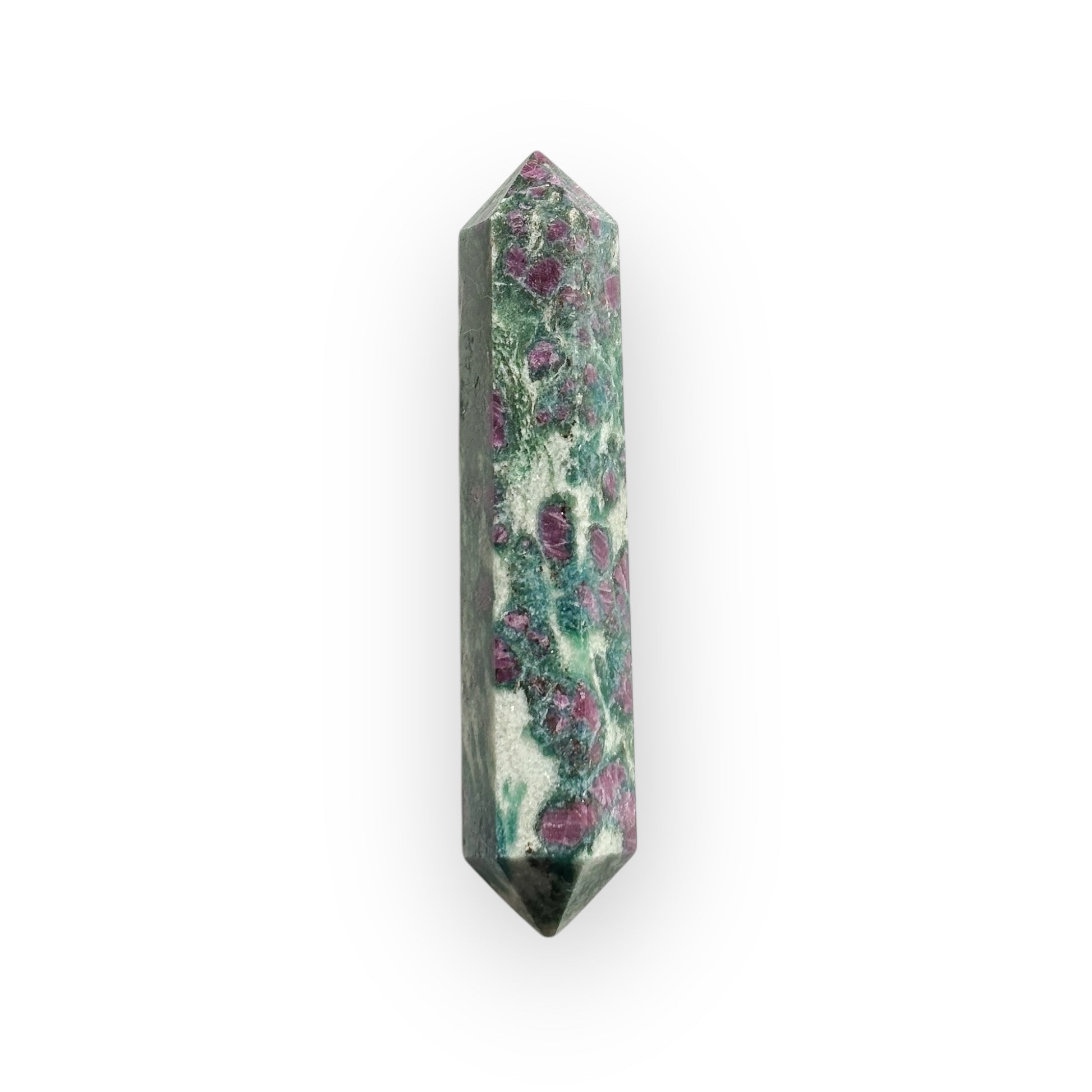Double terminated Ruby in Zoisite wand standing upright with deep ruby inclusions.