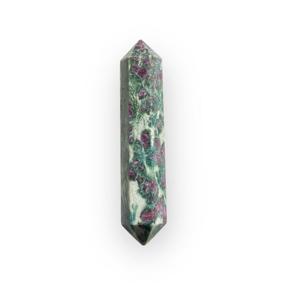 Double terminated Ruby in Zoisite wand standing upright with deep ruby inclusions.
