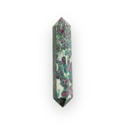 Double terminated Ruby in Zoisite wand standing upright with deep ruby inclusions.
