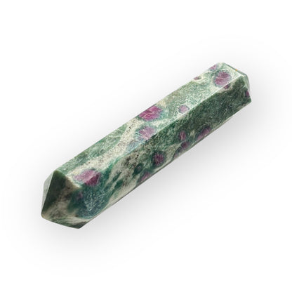 Side angle of Ruby in Zoisite crystal wand showing vivid red ruby in green Zoisite matrix.