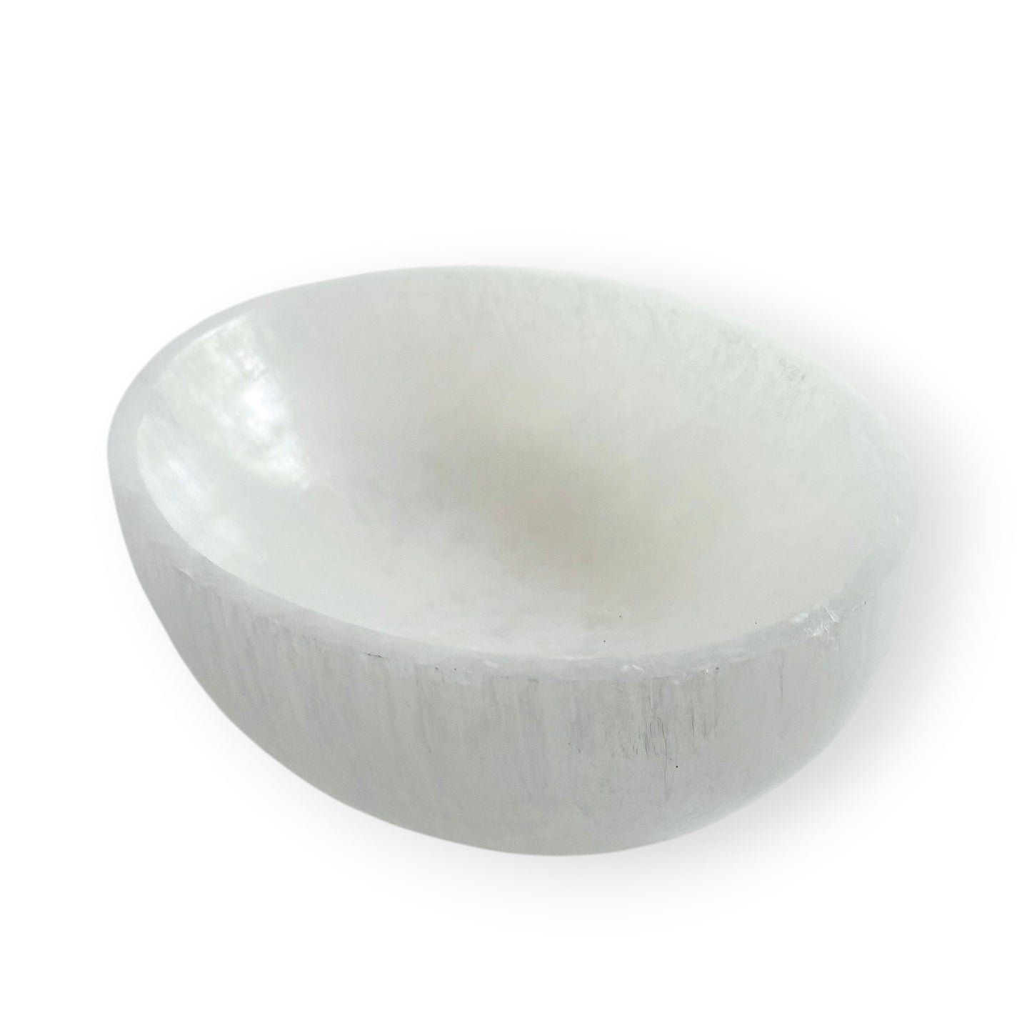 Natural Satin Spar crystal dish in an oval shape featuring soft translucency and chatoyant sheen.