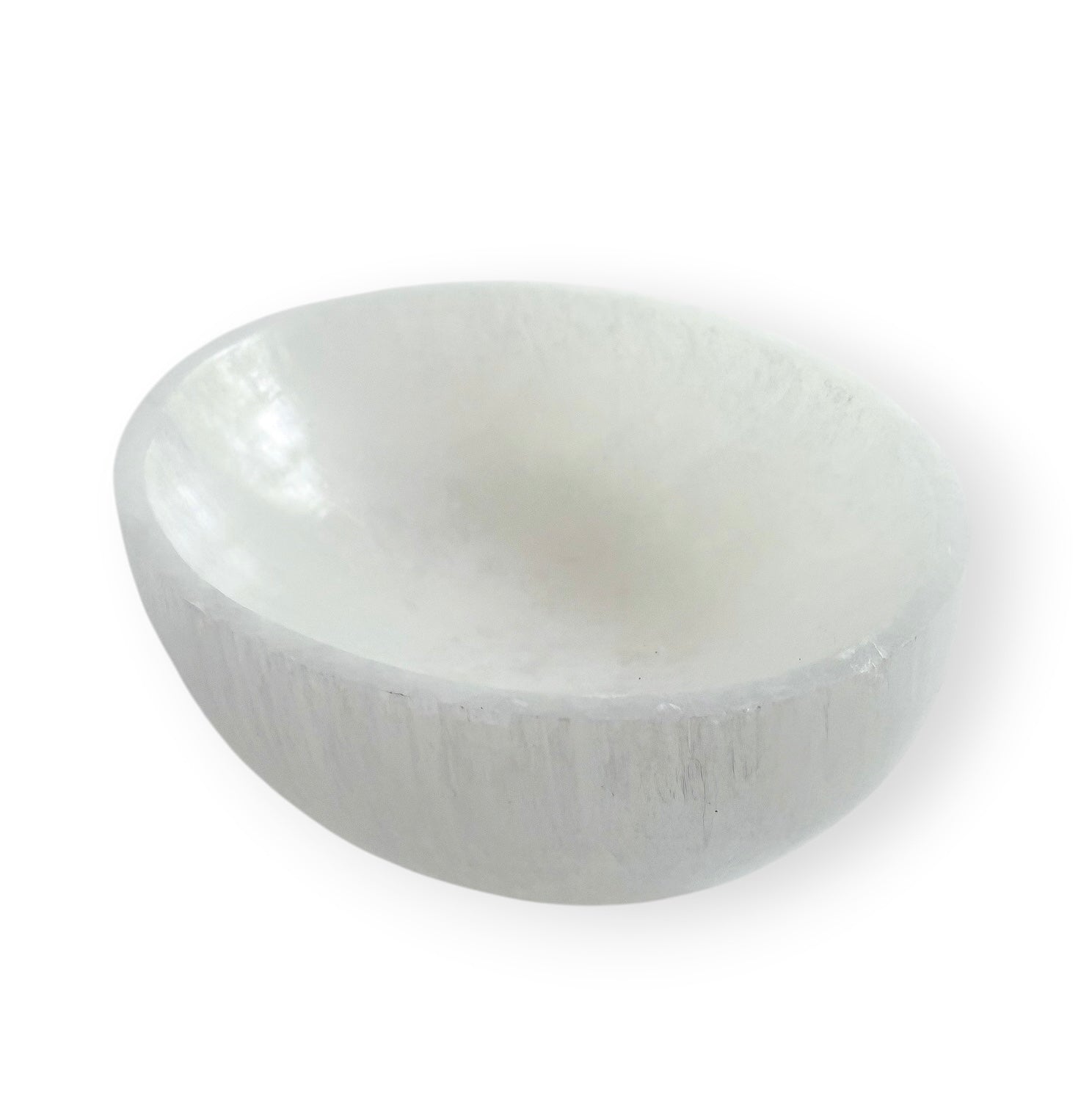 Natural Satin Spar crystal dish in an oval shape featuring soft translucency and chatoyant sheen.