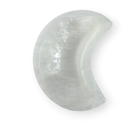 White Satin Spar crescent moon bowl with a polished interior and soft silky shimmer.
