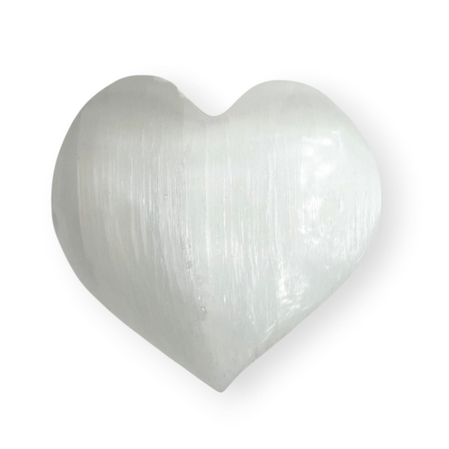 Polished white Satin Spar heart with natural silky chatoyancy and fibrous crystal structure.