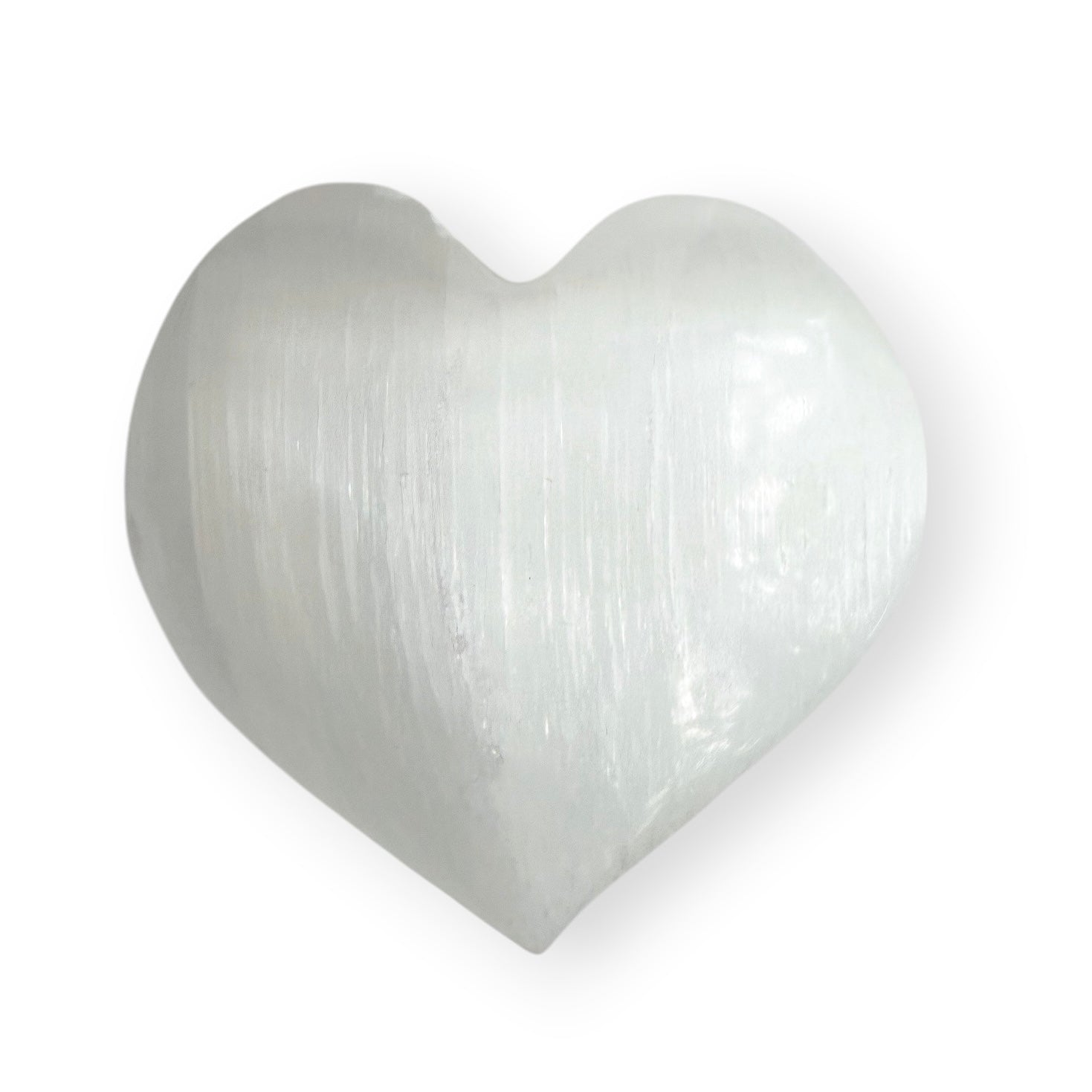 Polished white Satin Spar heart with natural silky chatoyancy and fibrous crystal structure.