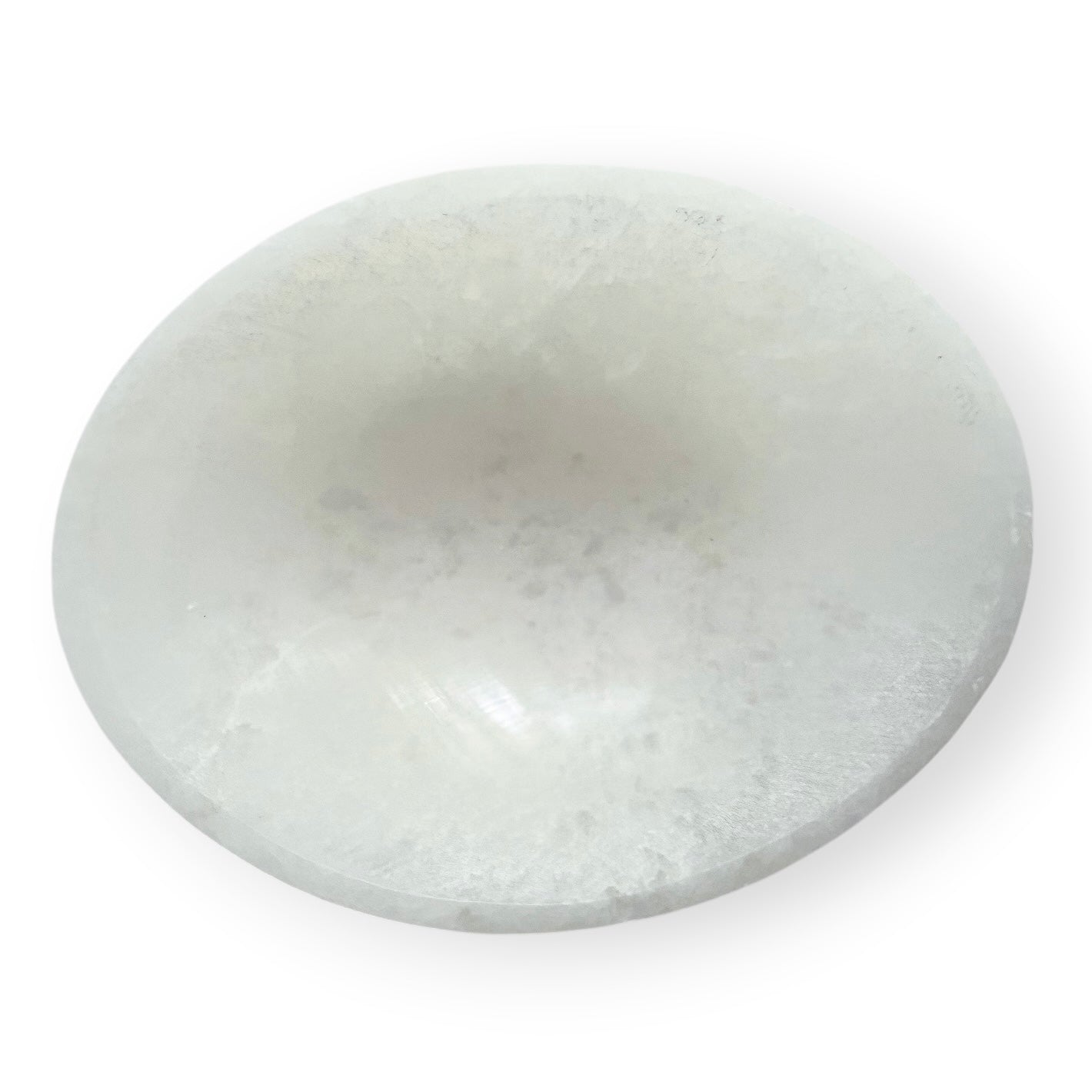 White Satin Spar oval crystal bowl with a polished interior and natural silky shimmer.
